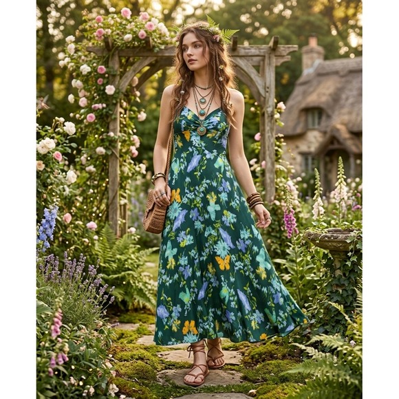 Maeve Dresses & Skirts - Maeve Halter Midi Dress Womens L Green Floral Butterfly Boho Fairy Cottagecore